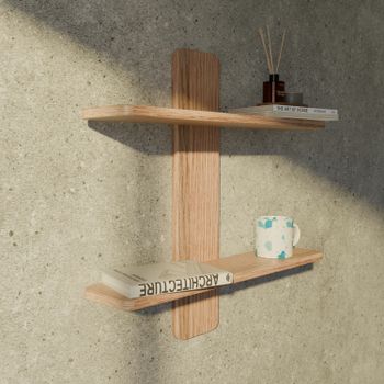 Wooden wall shelf with books and a mug, casting soft shadows on a concrete wall.（イメージ）