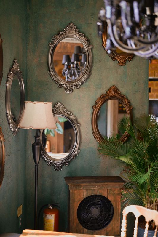 A wall of old framed mirrors - Charity, the Portrait Paul Painted
