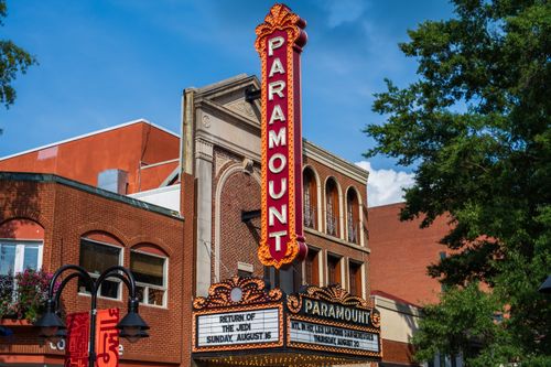 Free Close-up of the historic Paramount Theater marquee on a sunny day. Stock Photo
