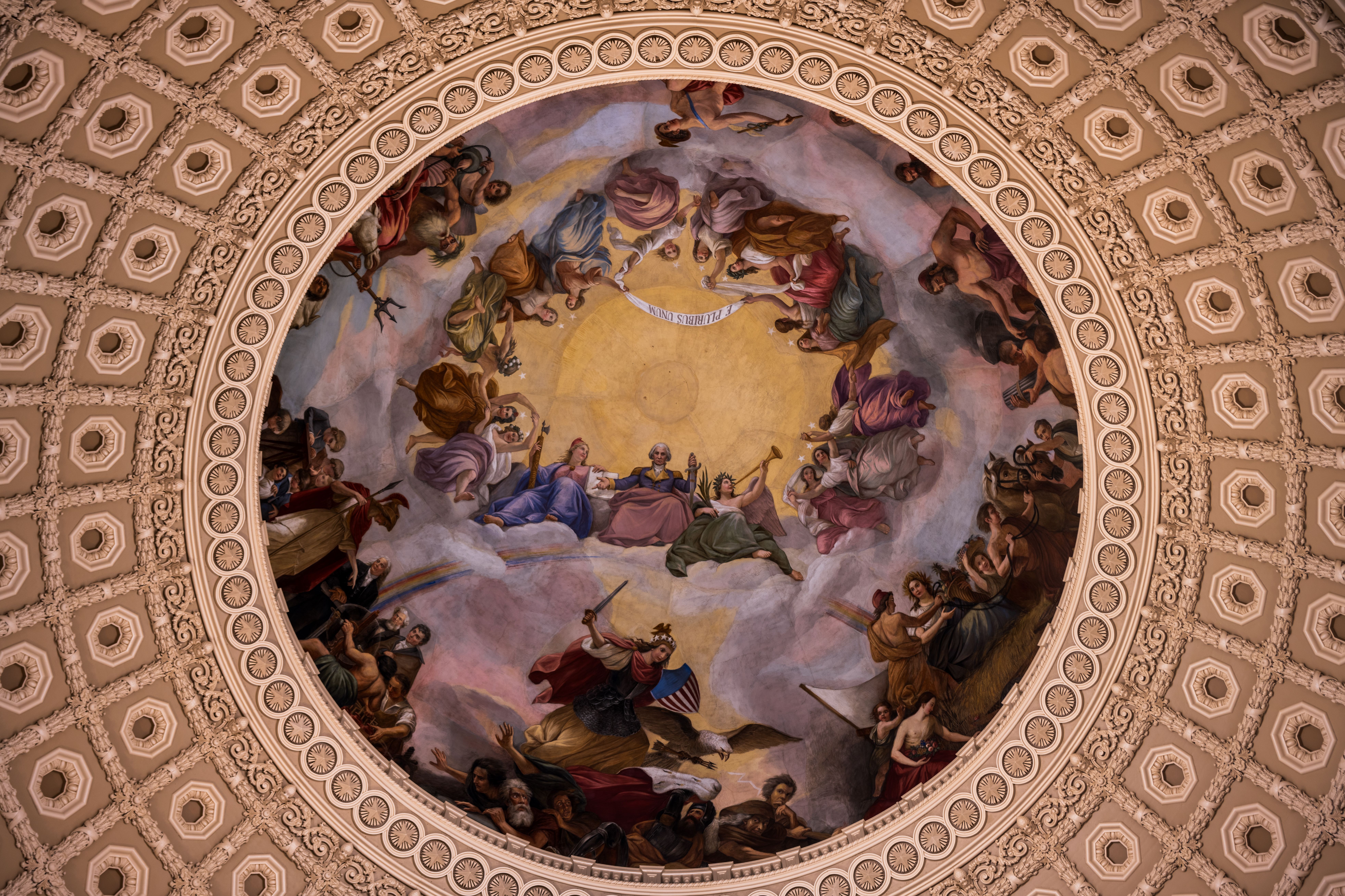 Detailed view of The Apotheosis of Washington ceiling mural in the Capitol rotunda, showcasing classical figures.