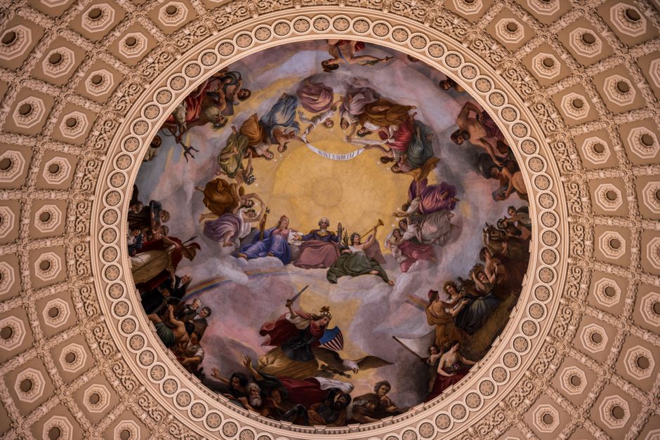 Detailed view of The Apotheosis of Washington ceiling mural in the Capitol rotunda, showcasing classical figures.