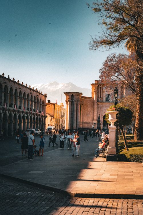 Free Charming Arequipa courtyard featuring colonial architecture and distant Misti Volcano. Stock Photo