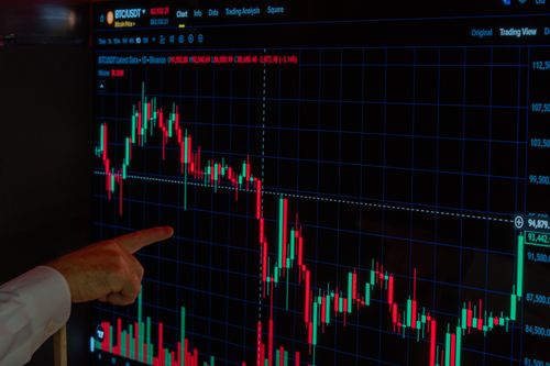 Free Close-up of a finger pointing at a Bitcoin price graph on a digital trading screen. Stock Photo