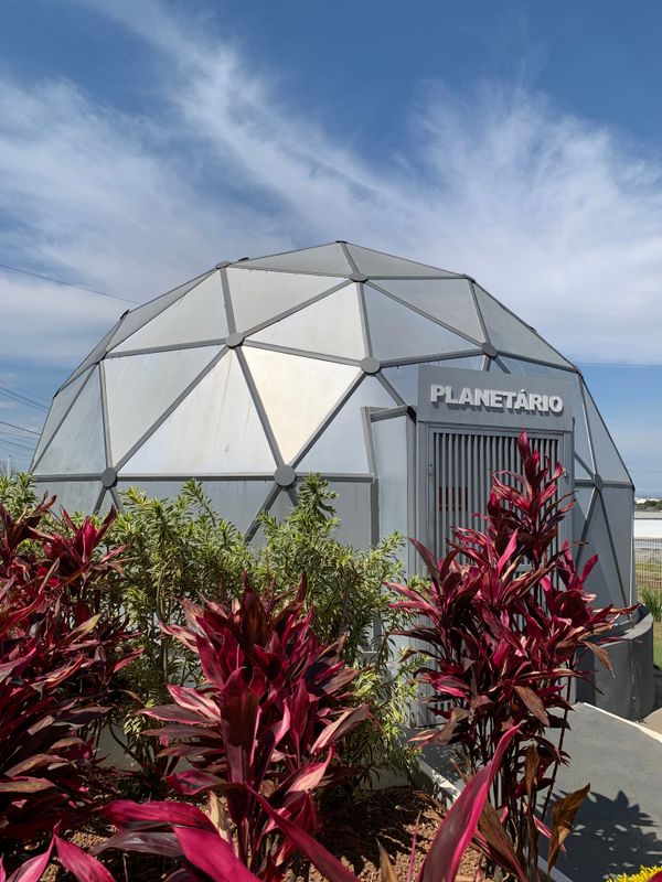 Geodesic dome planetarium surrounded by plants