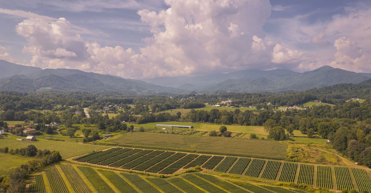 A breathtaking aerial view of lush farmland against the backdrop of the Appalachian Mountains in North Carolina.