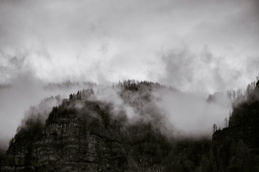 空灵的雾气笼罩着树木环绕的雄伟山峰，营造出一幅既富戏剧性又宁静的自然风光