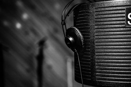 Close-up grayscale image of studio headphones hung on acoustic panel, depicting a professional music production environment.