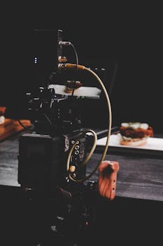 Close-up of a professional camera setup capturing a gourmet dish in a studio environment.