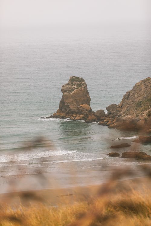 Free Foggy coastal scene of Castlepoint, showcasing rock formations and ocean waves. Stock Photo