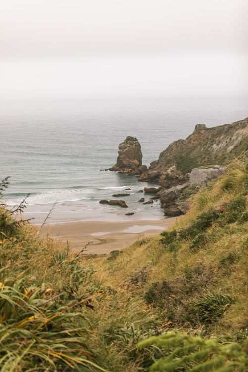 Free Discover the serene beauty of Castlepoint Beach with foggy coastal views and rocky formations in New Zealand. Stock Photo