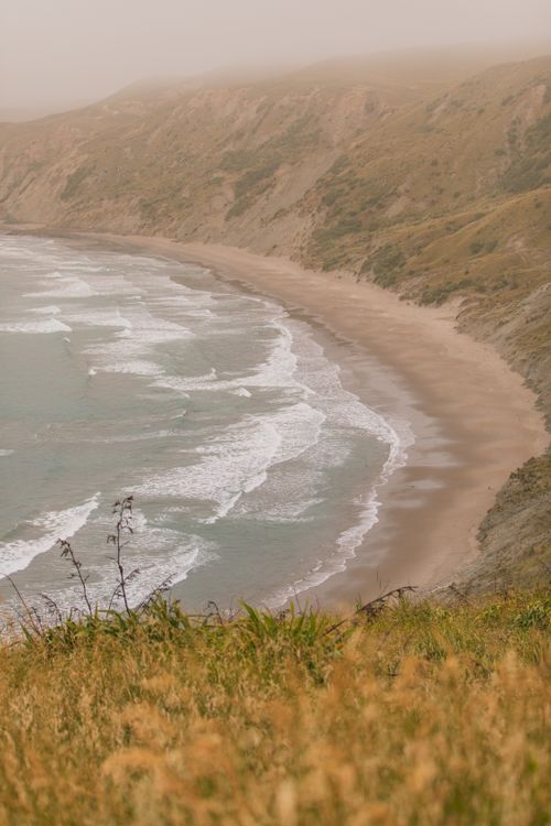Free A foggy day at Castlepoint Beach showcasing the rugged coastal landscape of Wellington, New Zealand. Stock Photo