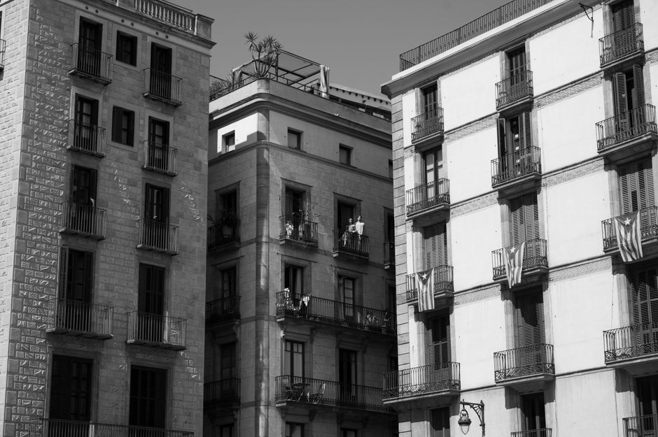 Fotografía en blanco y negro que captura los intrincados detalles de edificios urbanos históricos.
