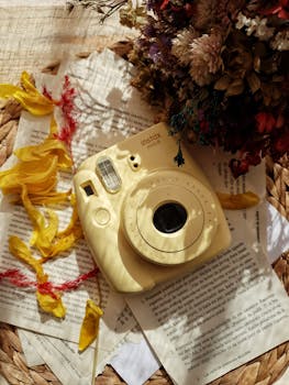 A Polaroid-style camera amidst petals and pages, creating a nostalgic aesthetic.