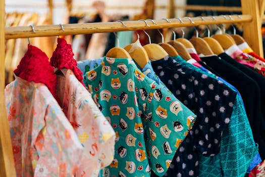 Vibrant clothes hanging on a wooden rack in a boutique shop.