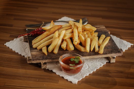 Golden French fries served on a rustic wooden board with spicy ketchup and chili pepper garnish, perfect for fast food lovers.