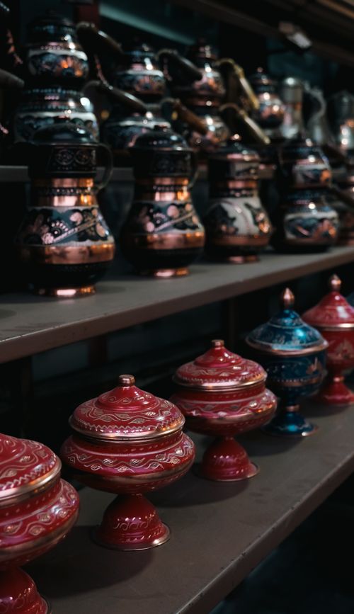 Free Vibrant collection of traditional pottery with intricate designs displayed on shelves in a dimly lit shop. Stock Photo