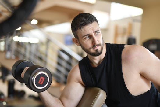 A determined man lifting a dumbbell indoors, showcasing strength and fitness.