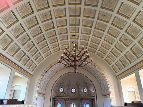 Free Intricate ceiling design with chandelier in historic Altdöbern church, Brandenburg, Germany. Stock Photo