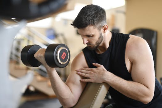 Focused man lifting dumbbell, showcasing strength and fitness indoors.