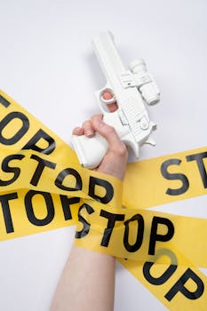 White toy gun held by hand wrapped with yellow stop tape, representing a call for nonviolence.