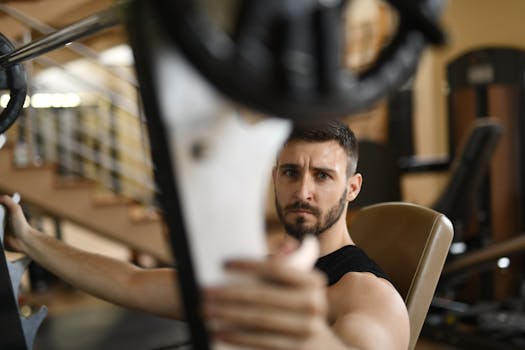 A man intensely focused while using gym equipment indoors, capturing the essence of determination and fitness.