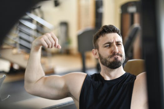 A bearded man confidently flexing his arm muscles inside a gym, showcasing strength and fitness.