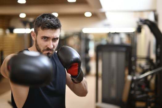 A determined male boxer in gloves practicing a punch in a modern gym interior.