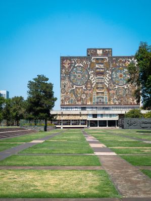 Free Stunning view of UNAM's Central Library with vibrant murals in Mexico City. Stock Photo