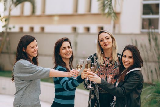 四名女子在户外微笑着举杯，象征着友谊和团结