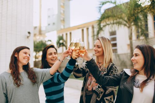 Free A joyful group of women clinking champagne glasses in an outdoor celebration. Stock Photo