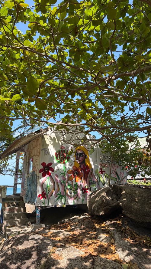 Free Vibrant street art on beachside structure under lush foliage in Surat Thani, Thailand. Stock Photo