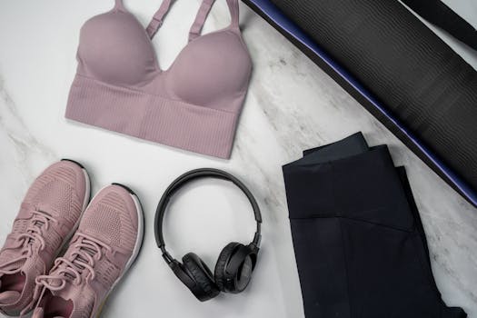 Flat lay of pink sportswear and accessories for a fitness routine on marble.