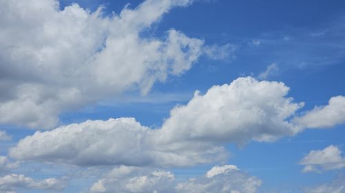 Free Vibrant cumulus clouds floating under a clear blue sky in Castilla y León, Spain. Stock Photo