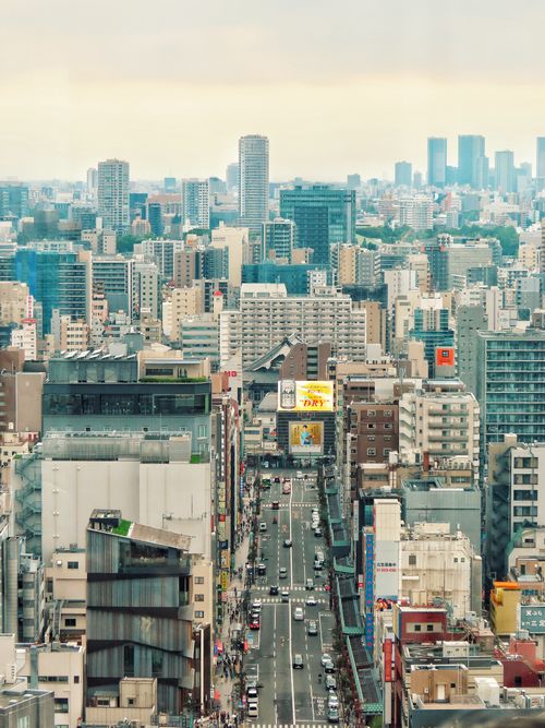 Free High-angle view of Tokyo's dense urban skyline with busy streets and skyscrapers during the day. Stock Photo