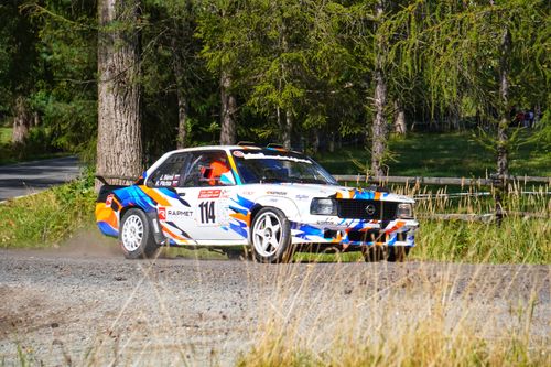 Free Colorful rally car speeding on a gravel road in a lush forest setting, showcasing vibrant design and action. Stock Photo