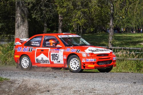 Free Red rally car racing on a gravel road amidst outdoor scenery. Stock Photo