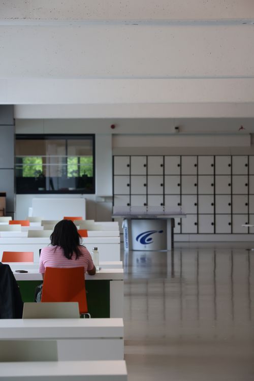 Free A person studying alone in a modern indoor space with lockers and seating, Diepenbeek. Stock Photo