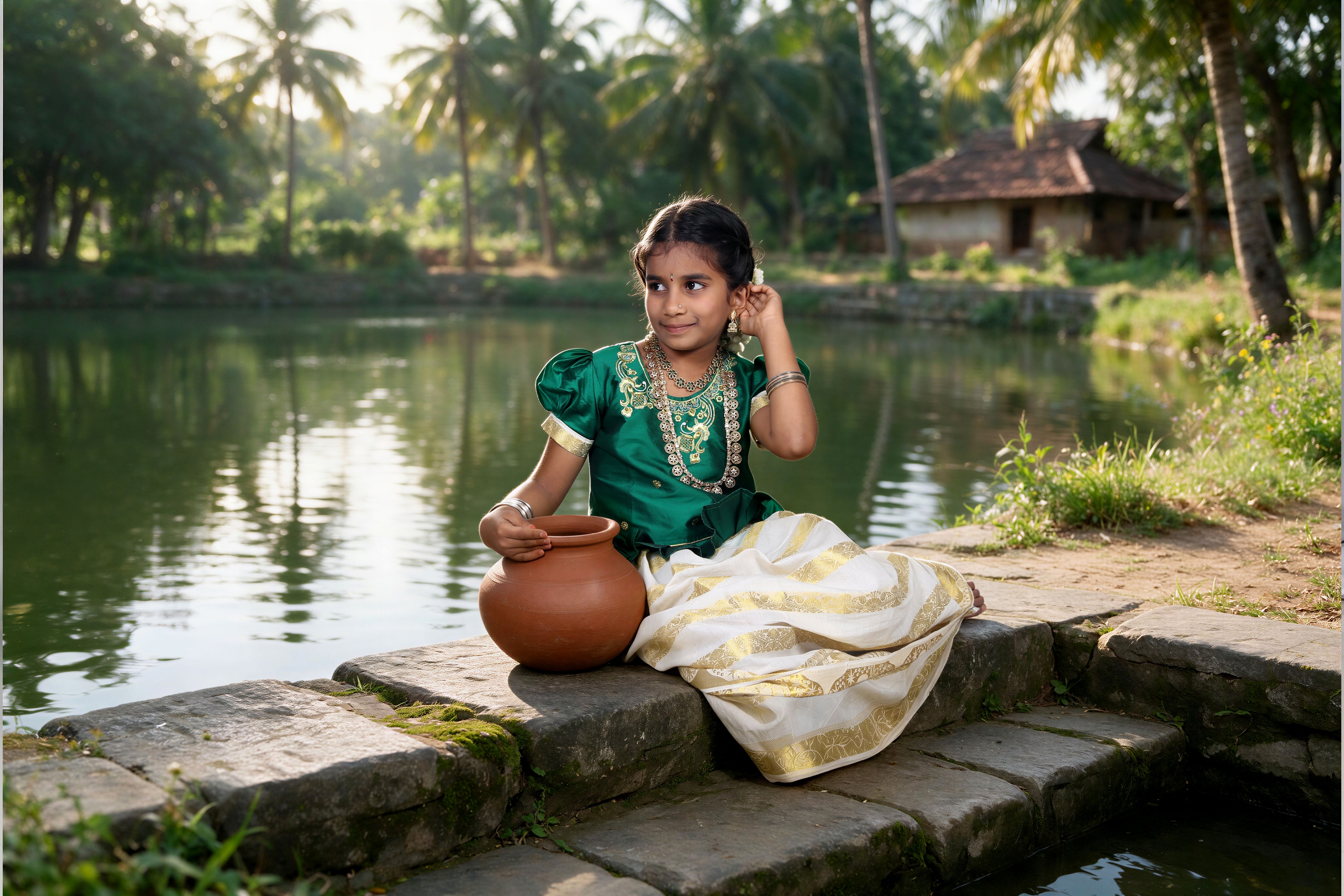 A child in cultural dress sitting beside a serene pond, surrounded by lush greenery.
