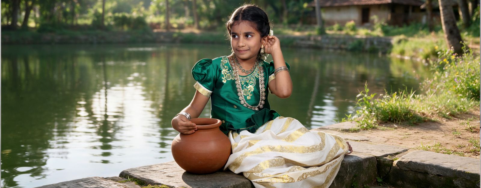 A child in cultural dress sitting beside a serene pond, surrounded by lush greenery.