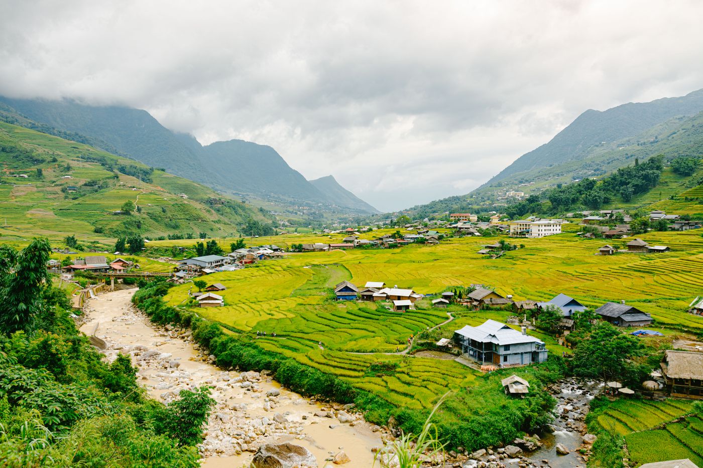 Aerial view of terraced fields and a village near Sapa