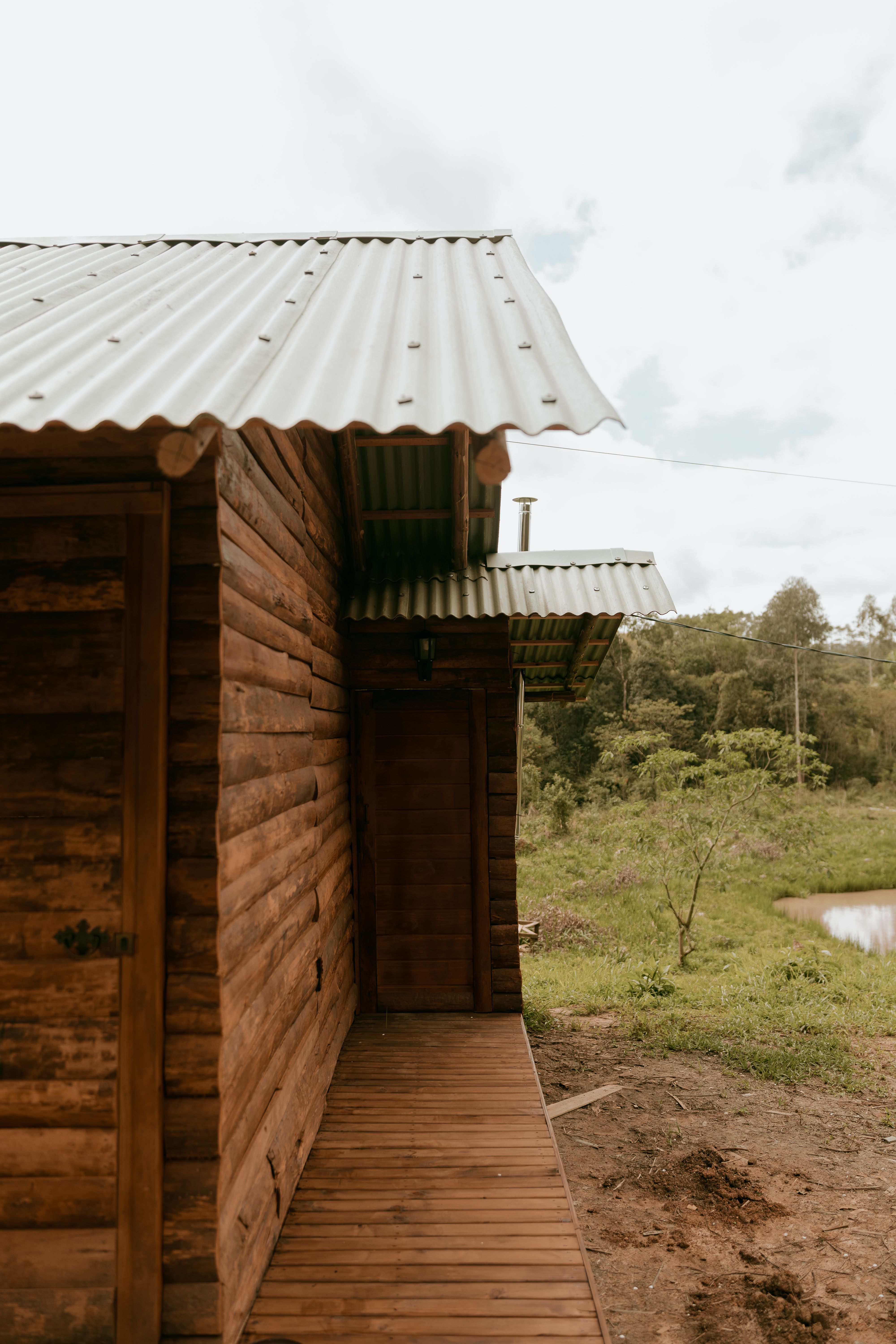 Fotomural Una cabaña de madera con techo de chapa ondulada en medio de la vegetación, que ofrece un ambiente rústico y tranquilo.