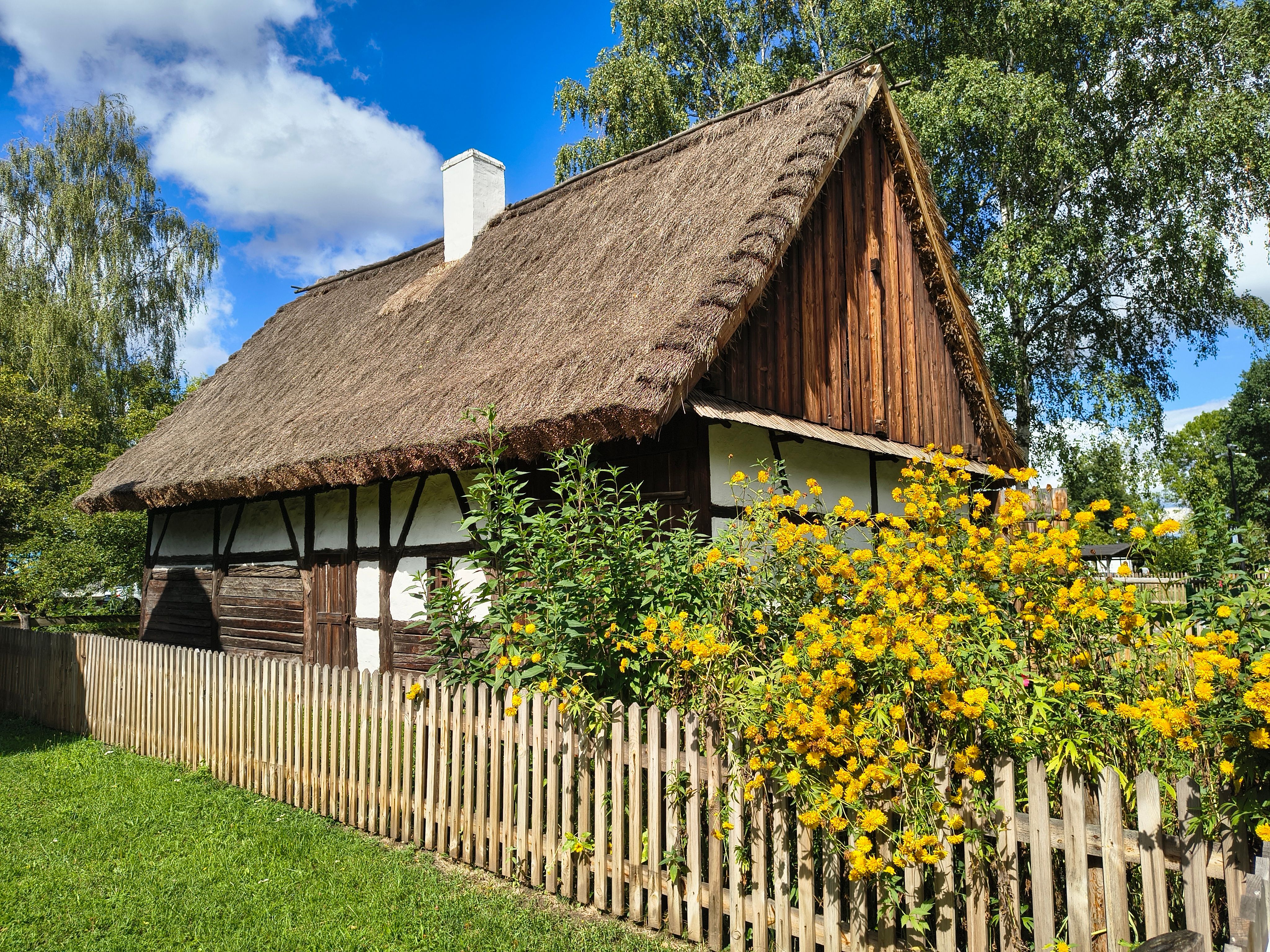 Charming thatched roof cottage surrounded by vibrant garden flowers under a bright summer sky.