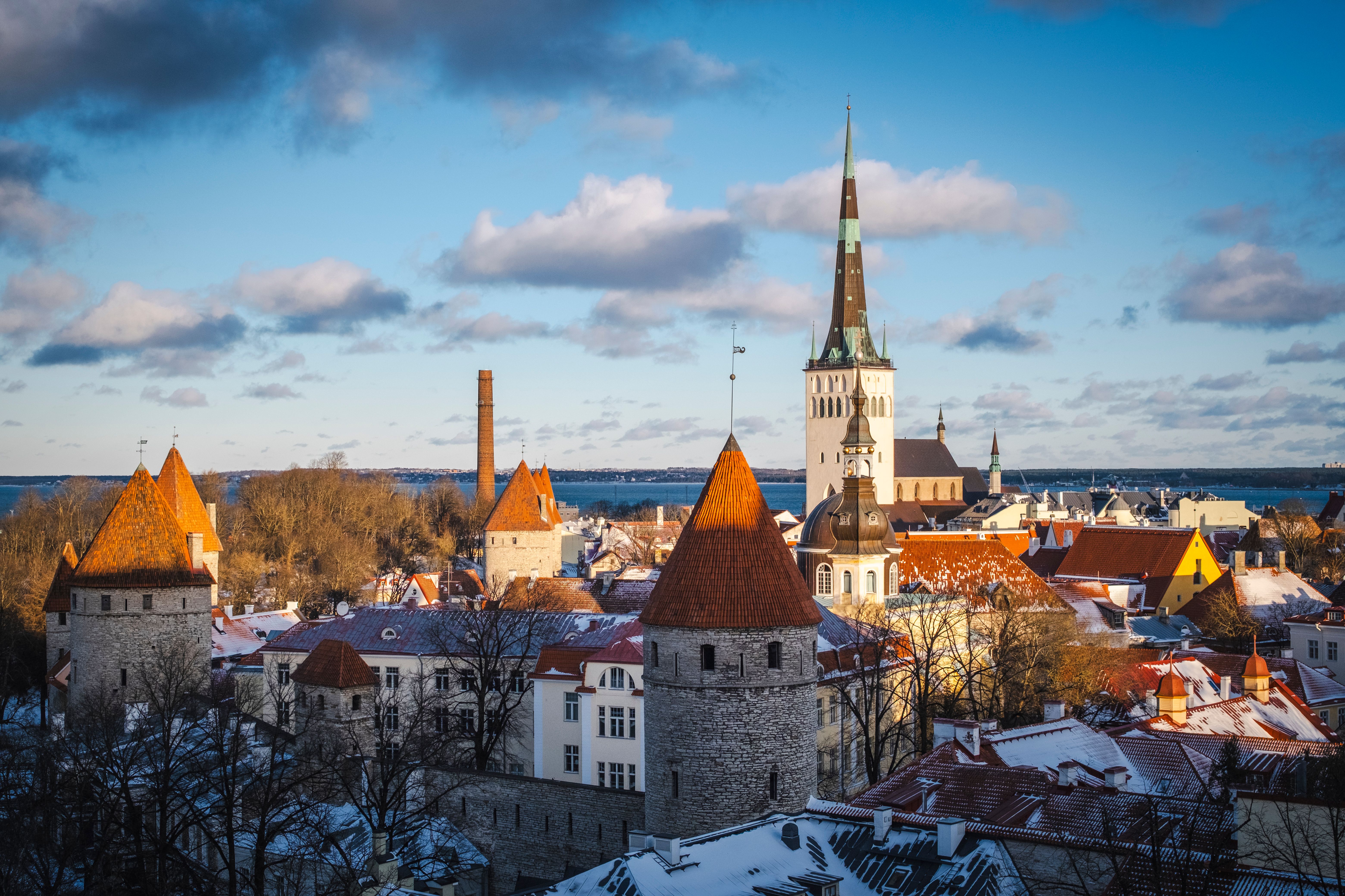 Tallinn old town in winter, church spires and medieval towers
