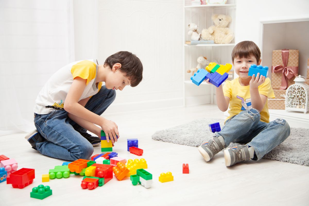 Two boys playing together with colorful building blocks, sharing a sorted LEGO storage system