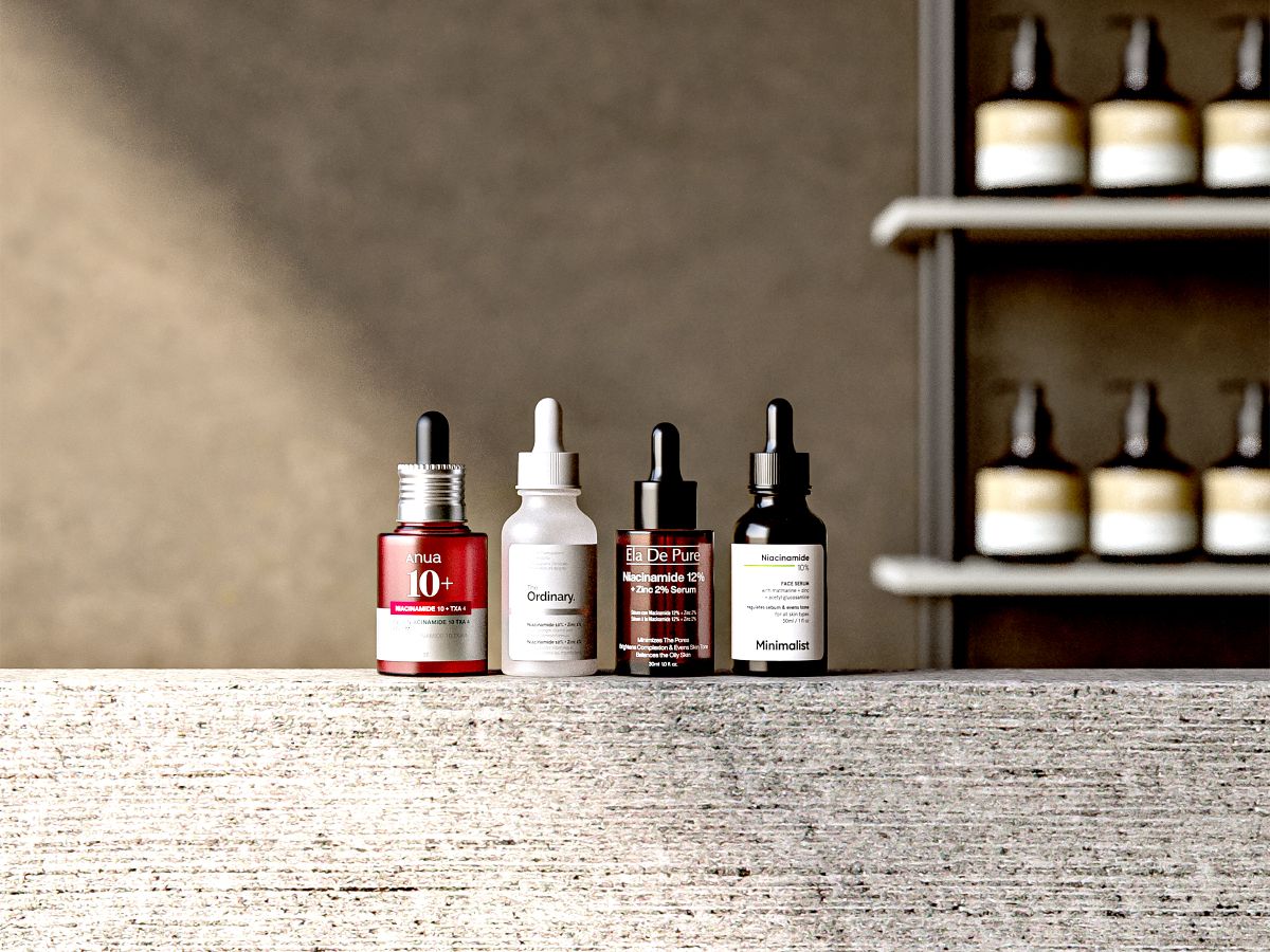 Minimal skincare bottles in soft natural light