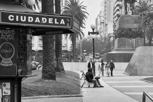 Free Black and white photo capturing people near Ciudadela kiosk in Montevideo, Uruguay with palm trees. Stock Photo