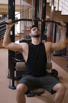 Athletic man working out on weight machine in the gym.