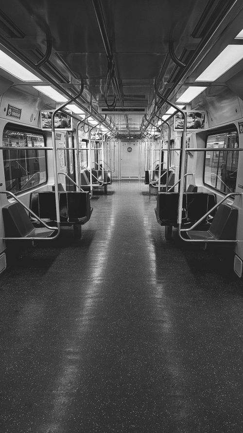 Free Monochrome view of an empty São Paulo metro train interior, showcasing modern transportation. Stock Photo