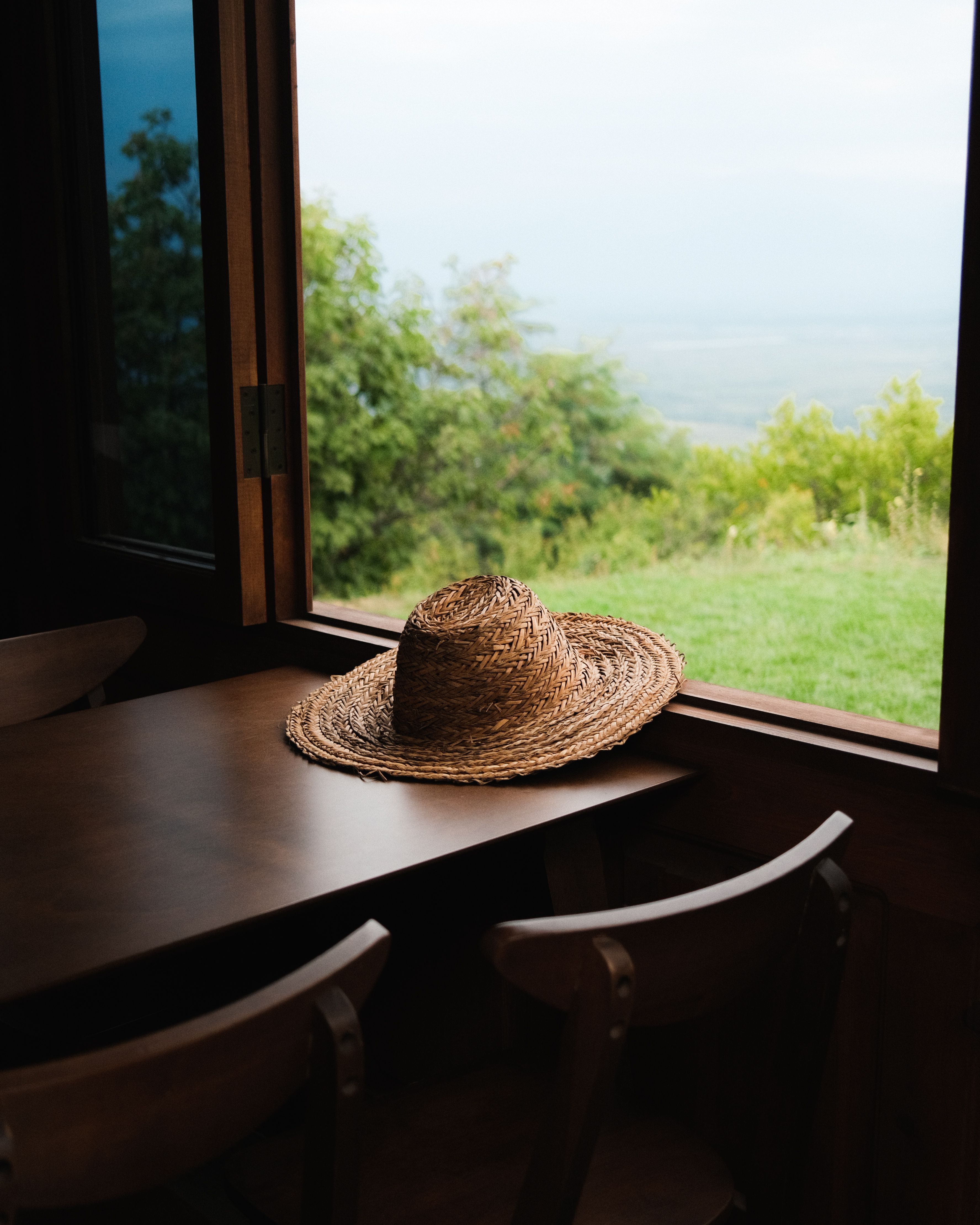 Peaceful view of countryside from cabin with straw hat on table, evoking relaxation.