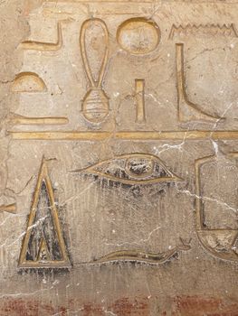 Close-up of ancient Egyptian hieroglyphics carved on a weathered stone wall.